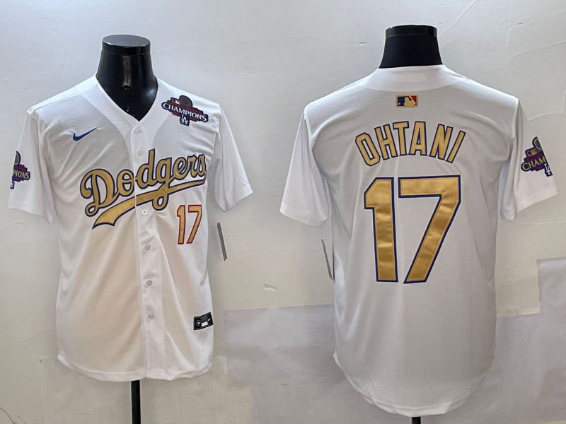 Men Los Angeles Dodgers 17 Ohtani White Champion gold character 2025 Nike MLB Jersey style 2